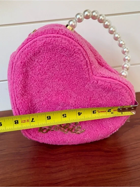 Our Universe Barbie Heart Figural Pink Fuzzy Purse Bag Pearls Exclusive NWOT - Picture 9 of 11